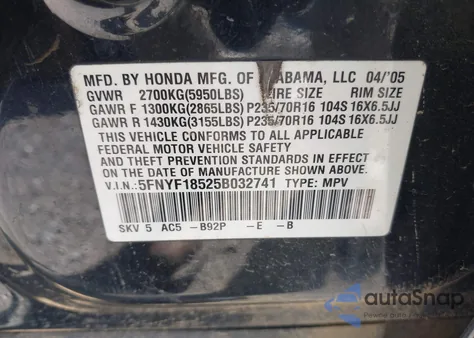 2005 Honda Pilot Ex-L z USA, uszkodzony, nr VIN 5FNYF18525B032741